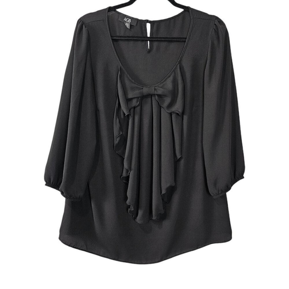 💎AGB V Neck Bow Front 3/4 Sleeve Black Top